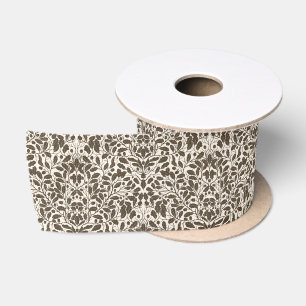Oak branches and leaves, damask pattern in brown a satin ribbon