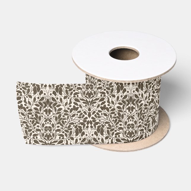 Oak branches and leaves, damask pattern in brown a satin ribbon (Spool)