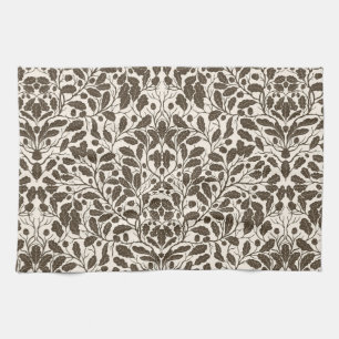 Oak branches and leaves, damask pattern in brown a tea towel