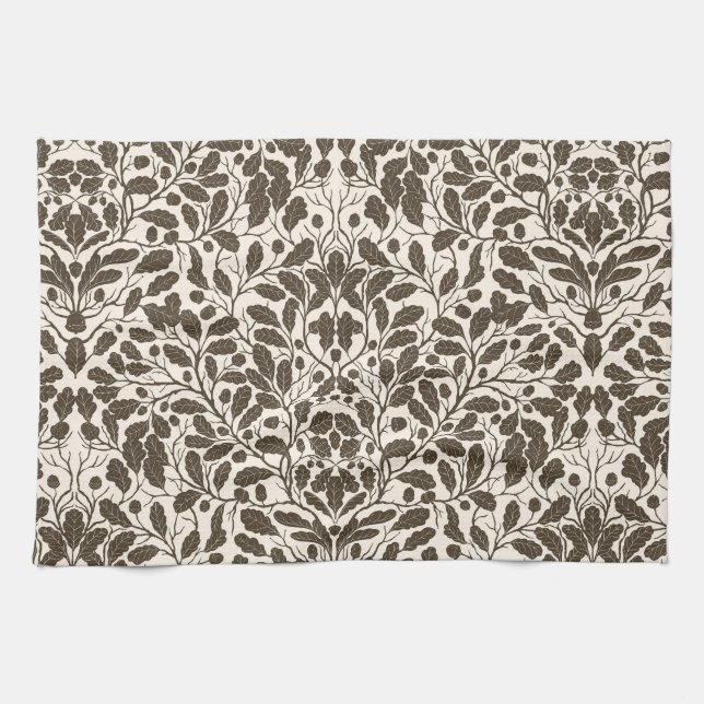 Oak branches and leaves, damask pattern in brown a tea towel (Horizontal)