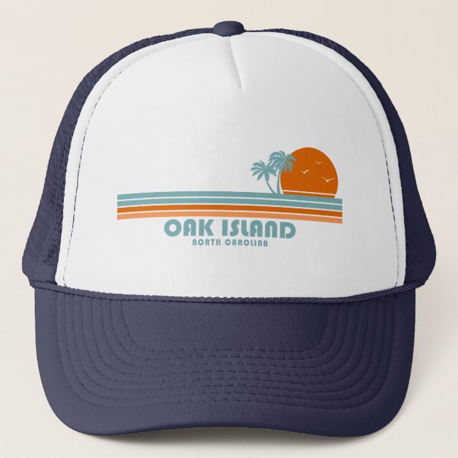 Oak Island North Carolina Sun Palm Trees Trucker Hat (Front)