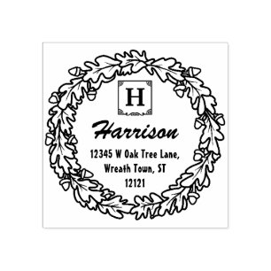 Oak Leaf Acorns Wreath   Monogram Return Address Rubber Stamp