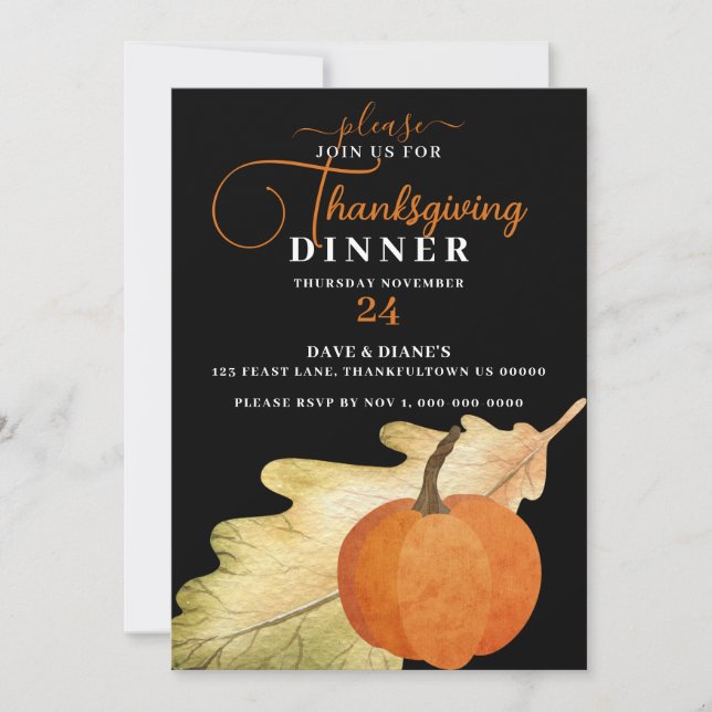 Oak Leaf & Pumpkin on Black Thanksgiving Dinner  Invitation (Front)