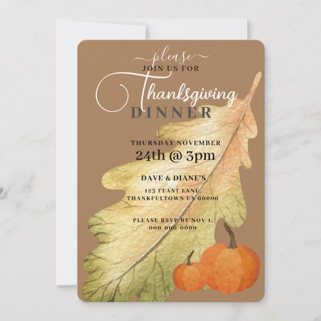 Oak Leaf & Pumpkin on Tan Thanksgiving  Invitation (Front)