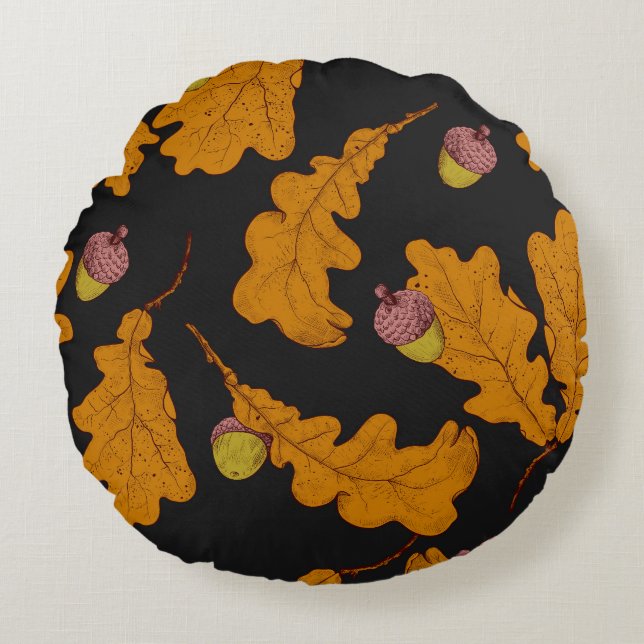 Oak leaves, acorns, autumn pattern round cushion (Front)