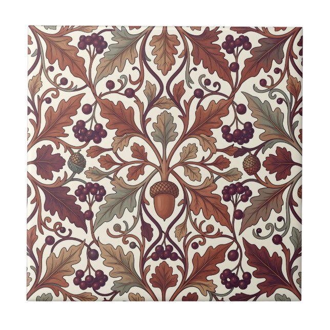 Oak Leaves Acorns Berries William Morris Style  Tile (Front)