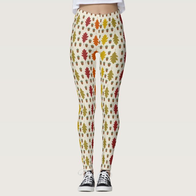 Oak leaves and Acorns Fall Autumn Pattern Leggings (Front)