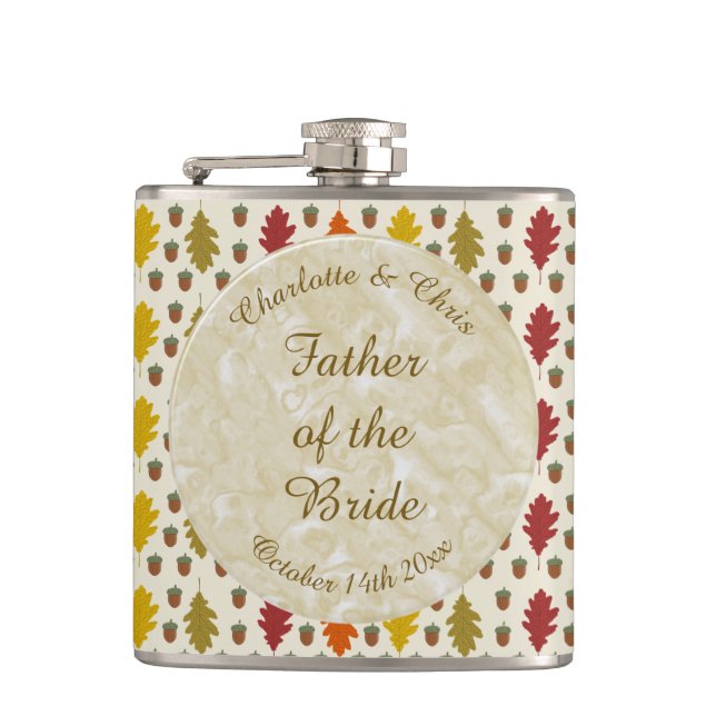 Oak leaves and Acorns Fall Autumn Wedding Custom Hip Flask (Front)