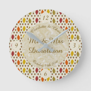 Oak leaves and Acorns Fall Autumn Wedding Custom Round Clock