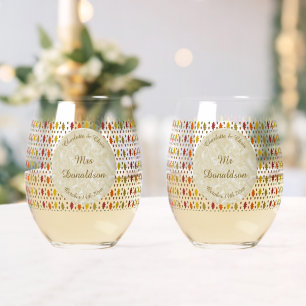 Oak leaves and Acorns Fall Autumn Wedding Custom Stemless Wine Glass