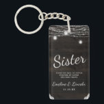 Oak Ridge Rustic Dark Wood To the Sister Quote Key Ring<br><div class="desc">Oak Ridge Rustic Dark Brown Barn Wood, Sparkling Mason Jars, and Glowing String Lights Design with Twinkling strands of dangling lights and jars on a deep rich wood texture with white lace accents. With Modern Typography Script Fonts. A rustic elegant country farmhouse style design - Personalised Sister Heartfelt Quote Keepsake...</div>