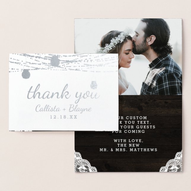 Oak Ridge Rustic Thank You Wedding Photo Silver Foil Card (Display)