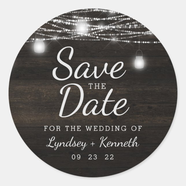 Oak Ridge Rustic Wood & Lights Save the Date Classic Round Sticker (Front)