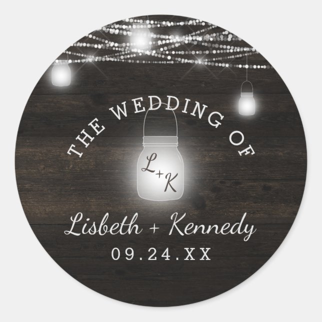 Oak Ridge Rustic Wood & Mason Jar Monogram Wedding Classic Round Sticker (Front)
