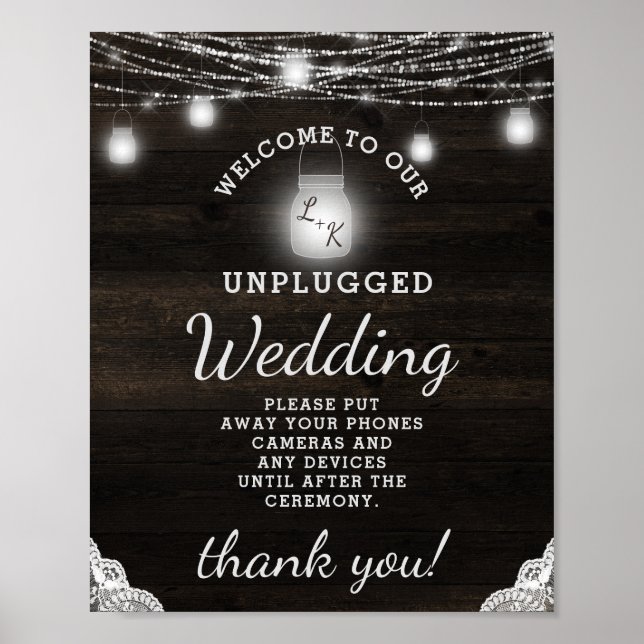 Oak Ridge Rustic Wood Unplugged Wedding Table Sign (Front)