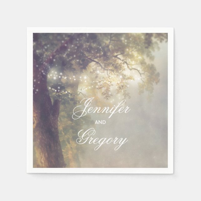 Oak Tree and String Lights Rustic Garden Wedding Napkin (Front)