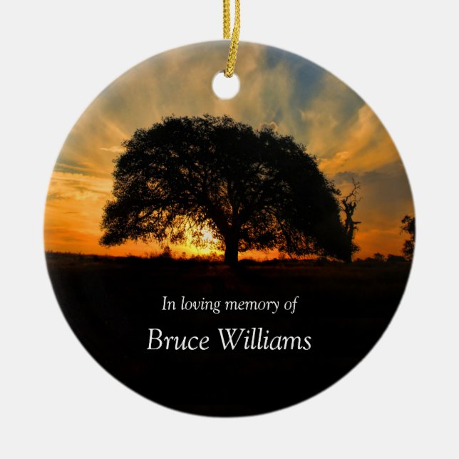 Oak Tree and Sunset Memorial Ceramic Tree Decoration (Front)