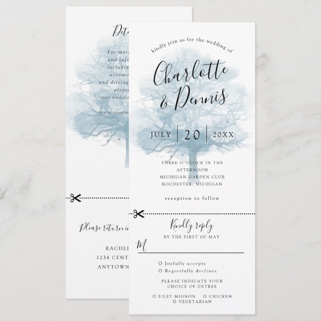 Oak tree blue wedding invitation w rsvp attached (Front/Back)