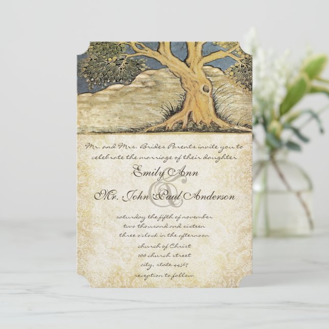 Oak Tree Distressed Damask Metallic Elegance Invitation (Standing Front)