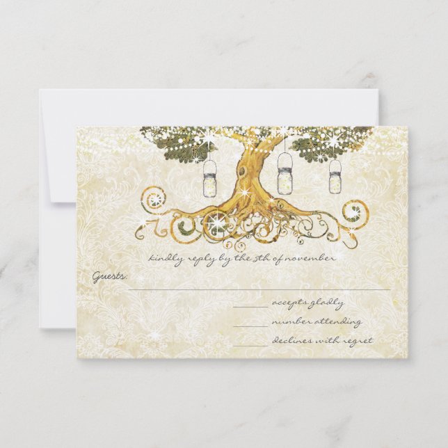 Oak Tree Distressed Damask Metallic Elegance RSVP Card (Front)