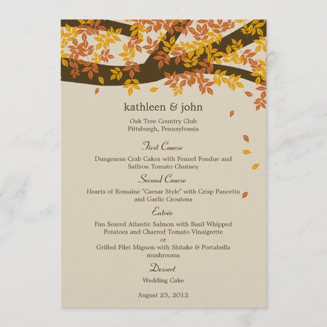 Oak Tree Fall Wedding Menu Card (Front)