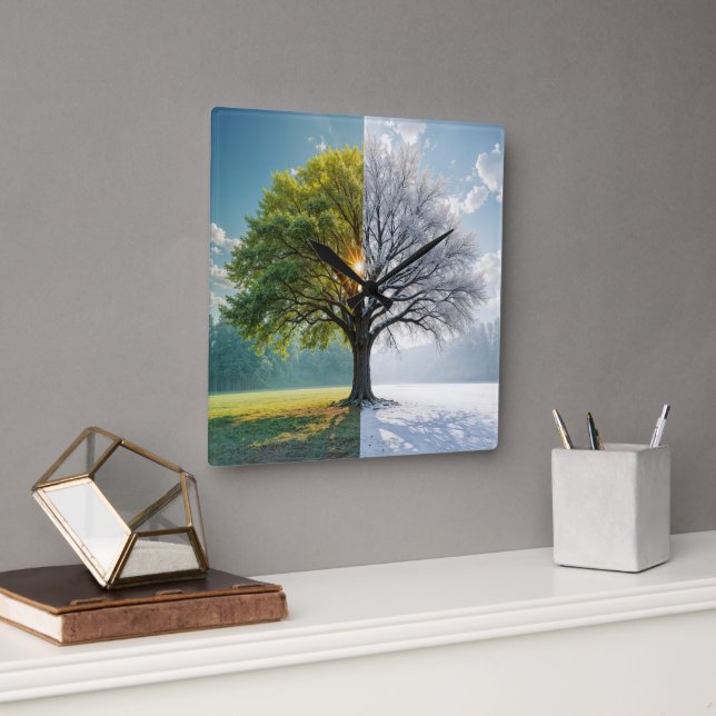 Oak Tree In Dual Seasons Square Wall Clock (Office)