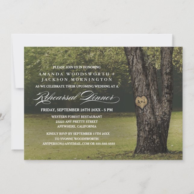 Oak Tree Initials Rehearsal Dinner Invitations (Front)