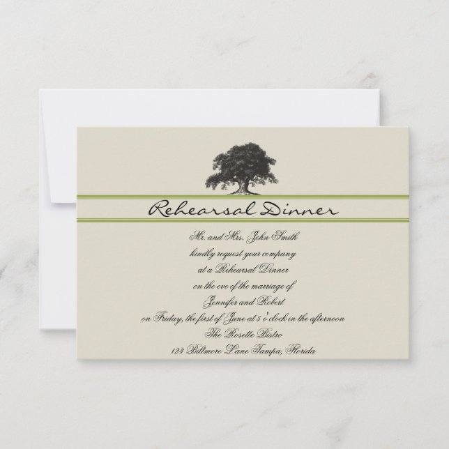 Oak Tree Plantation in Green Wedding Rehearsal Invitation (Front)
