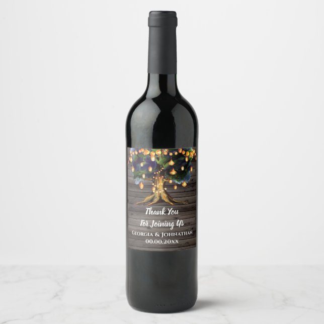 Oak tree string lights country lantern wood wine label (Front)