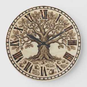 Oak Tree Wall Clock – Wood-Burned Rustic Style