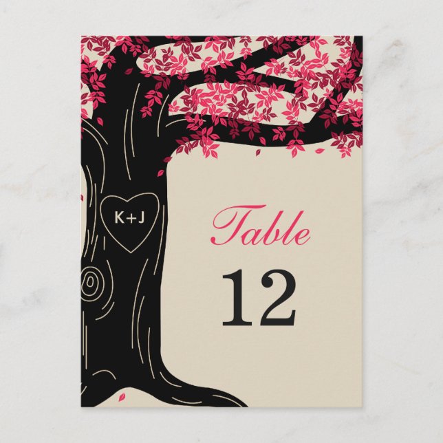 Oak Tree Wedding Table Number Card - Fuchsia (Front)
