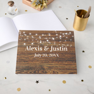 Oak Wood and Light String Wedding Guest Book