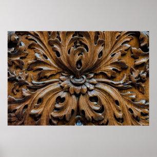 Oak wood carving close up element,carpentry backgr poster