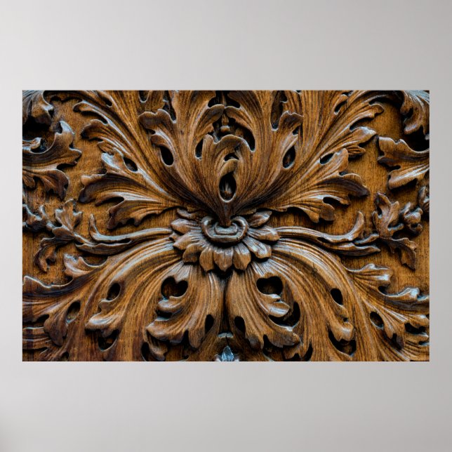Oak wood carving close up element,carpentry backgr poster (Front)