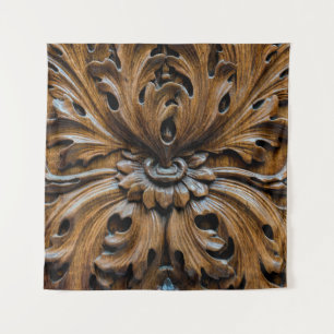 Oak wood carving close up element,carpentry backgr tapestry