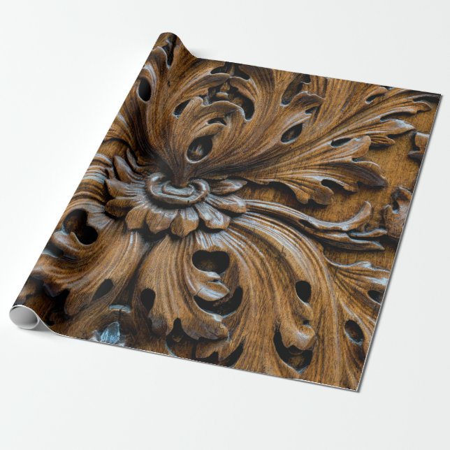 Oak wood carving close up element,carpentry backgr wrapping paper (Unrolled)