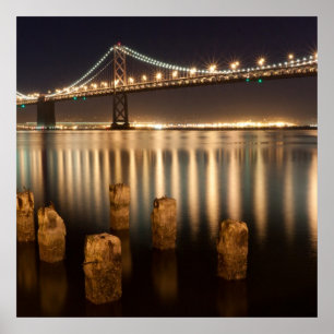 Oakland Bay Bridge night reflections. Poster