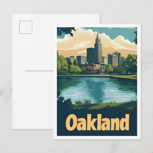 Oakland California Art Vintage Travel Illustration Postcard (Front/Back)