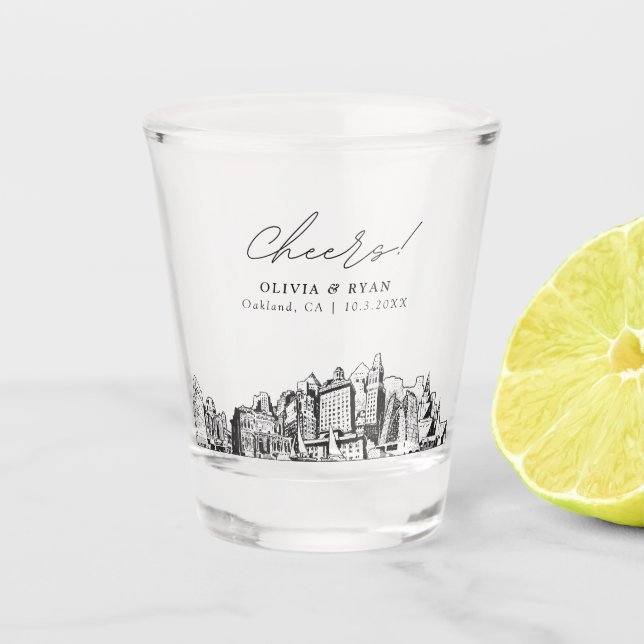 Oakland Wedding Favour Personalised Cheers Shot Glass (Front)