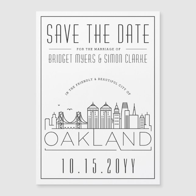 Oakland Wedding Stylised Skyline Save the Date Magnetic Invitation (Front)