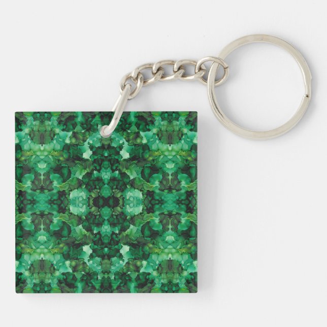 Oasis Green Abstract Alcohol Ink Art Key Ring (Back)