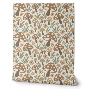 Oatmeal Beige and Taupe Retro Mushroom Wallpaper