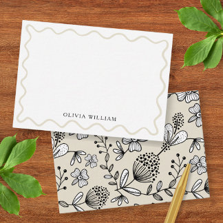 Oatmeal Beige Floral Wavy Border Personalised Card