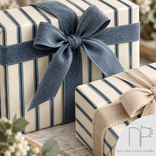 Oatmeal Navy Rustic Thin Ticking Stripes Wrapping Paper