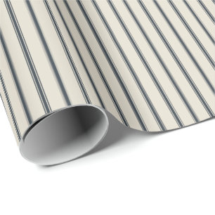 Oatmeal Navy Rustic Thin Ticking Stripes Wrapping Paper