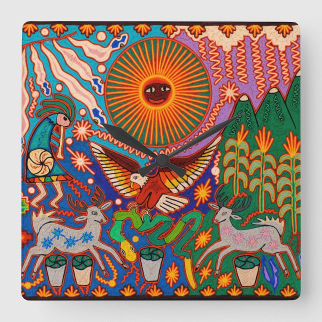 Oaxaca Mexico Mexican Mayan Tribal Art Boho Travel Square Wall Clock (Front)