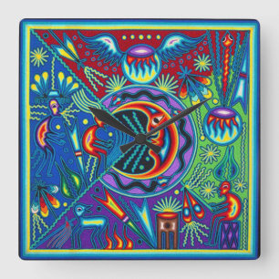 Oaxaca Mexico Mexican Mayan Tribal Art Boho Travel Square Wall Clock