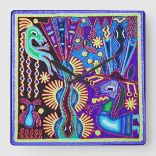 Oaxaca Mexico Mexican Mayan Tribal Art Boho Travel Square Wall Clock