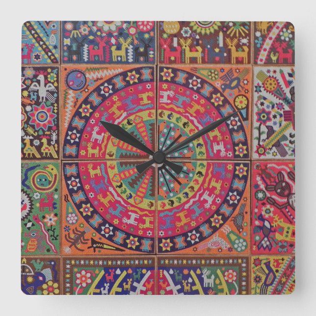 Oaxaca Mexico Mexican Mayan Tribal Art Boho Travel Square Wall Clock (Front)