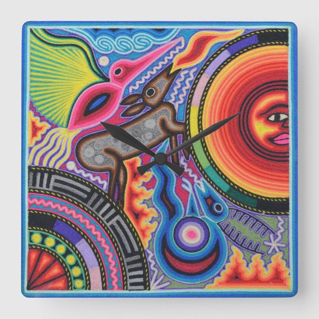 Oaxaca Mexico Mexican Mayan Tribal Art Boho Travel Square Wall Clock (Front)